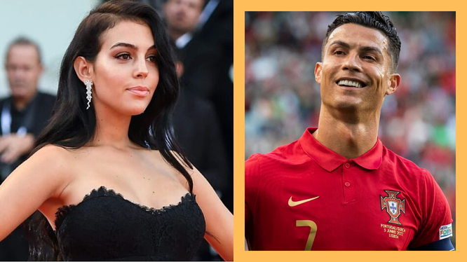 A split image featuring Georgina Rodriguez in an elegant black dress at a public event on the left, and Cristiano Ronaldo smiling in his Portugal national soccer team jersey on the right.