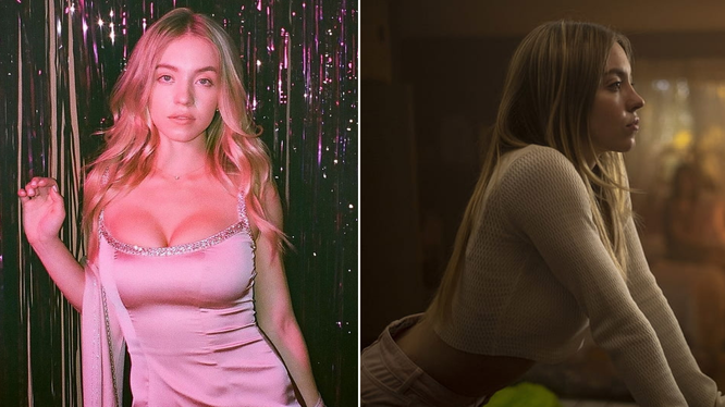 A split image featuring a young woman in a glamorous outfit against a shiny backdrop on the left, and the same woman in a casual outfit during a more intimate, soft-lit scene on the right.