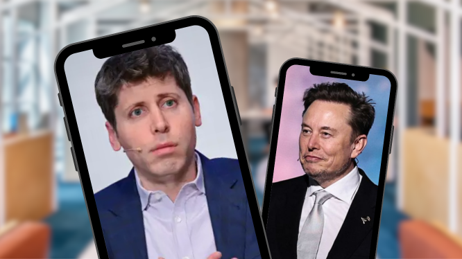 Split image featuring Sam Altman and Elon Musk displayed on smartphones, set in a modern indoor environment.