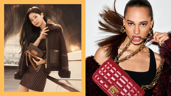 A fashion advertisement featuring two women modeling handbags. On the left, one woman wears a black polka dot dress with a brown jacket and holds a quilted handbag. On the right, the second woman models a black outfit with a red quilted handbag, showcasing a chain strap.