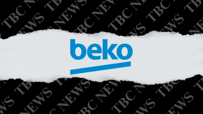 The Beko logo displayed on a torn paper background with 'TBC NEWS' text in a repeated pattern.