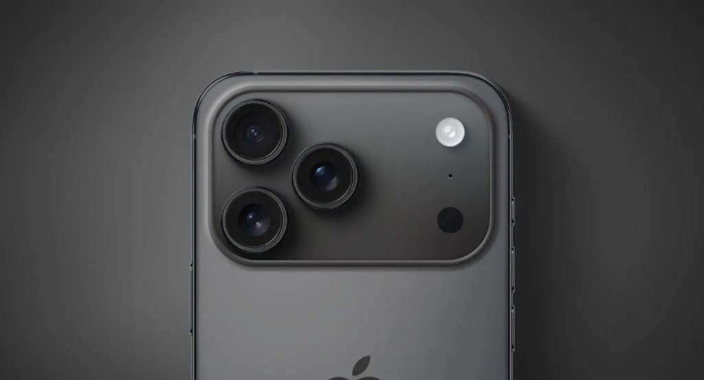 Close-up view of the camera module on a smartphone, featuring three camera lenses and a flash.