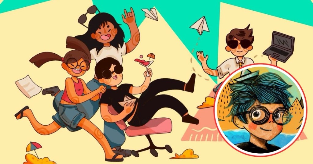 An illustration depicting a group of diverse individuals enjoying a beach setting, engaged in playful activities, with some using technology and others having fun.