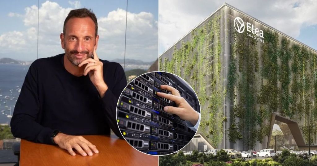 A portrait of a man in a black shirt, smiling and seated at a table with a scenic view of a bay behind him, next to an image of a modern, eco-friendly data center building with vertical greenery and the Elea Data Centers logo.