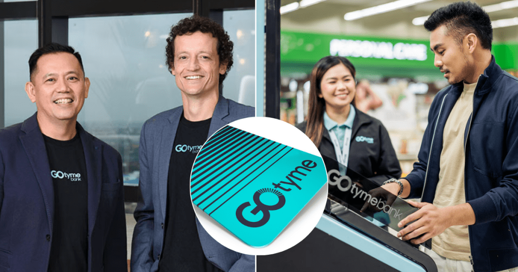 A promotional image featuring two men in suits, representing GoTyme Bank, with a GoTyme Bank logo in the center. The background shows a young man interacting with a bank staff member at a kiosk.