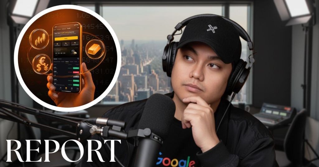 A person wearing a black cap and headphones sits in a modern studio setting, looking thoughtfully at the camera. An image of a smartphone displaying a trading app is superimposed in the background, featuring financial icons like currency symbols and a gold bar.