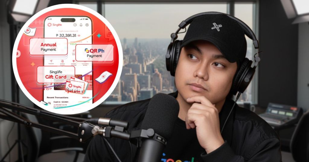 A person wearing headphones and a black cap thoughtfully sits in a studio with a city skyline in the background, alongside a graphic of the Singlife Plan & Protect App showcasing features like 'Annual Payment' and 'QRPh Payment'.
