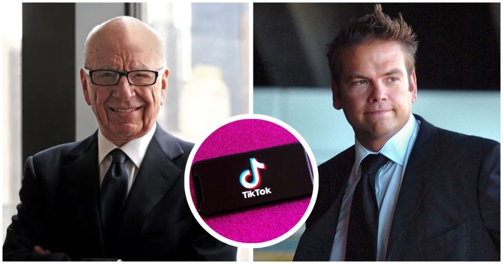 Portraits of Rupert Murdoch and Lachlan Murdoch with a TikTok logo displayed in the foreground.
