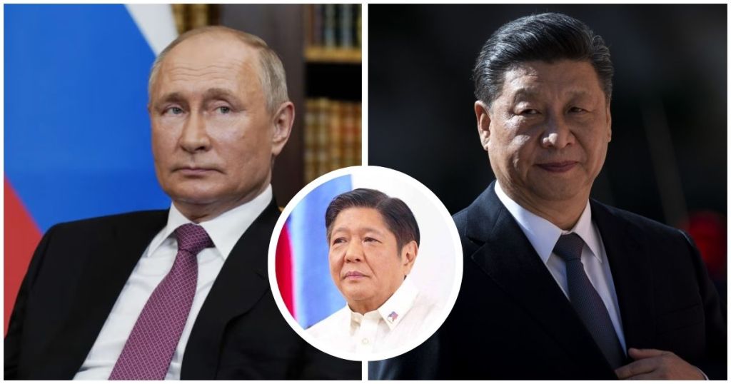 A composite image featuring Russian President Vladimir Putin, Chinese President Xi Jinping, and Philippine President Ferdinand Marcos Jr. against a backdrop highlighting geopolitical tensions.