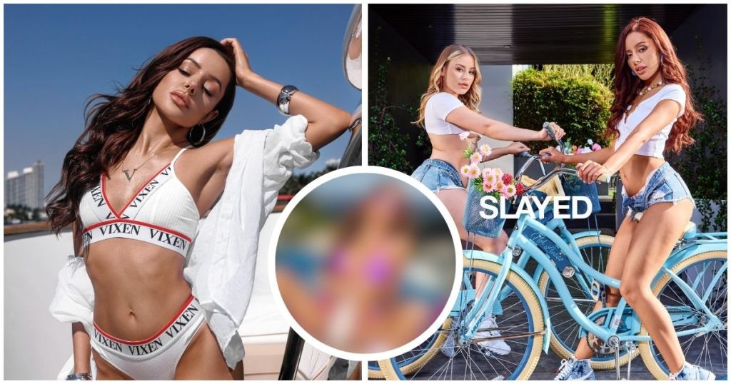 Young woman in a bikini poses confidently, showcasing her style and beauty, with urban scenery in the background. Another image shows two women in denim shorts beside bicycles decorated with flowers, promoting a fun and vibrant atmosphere.