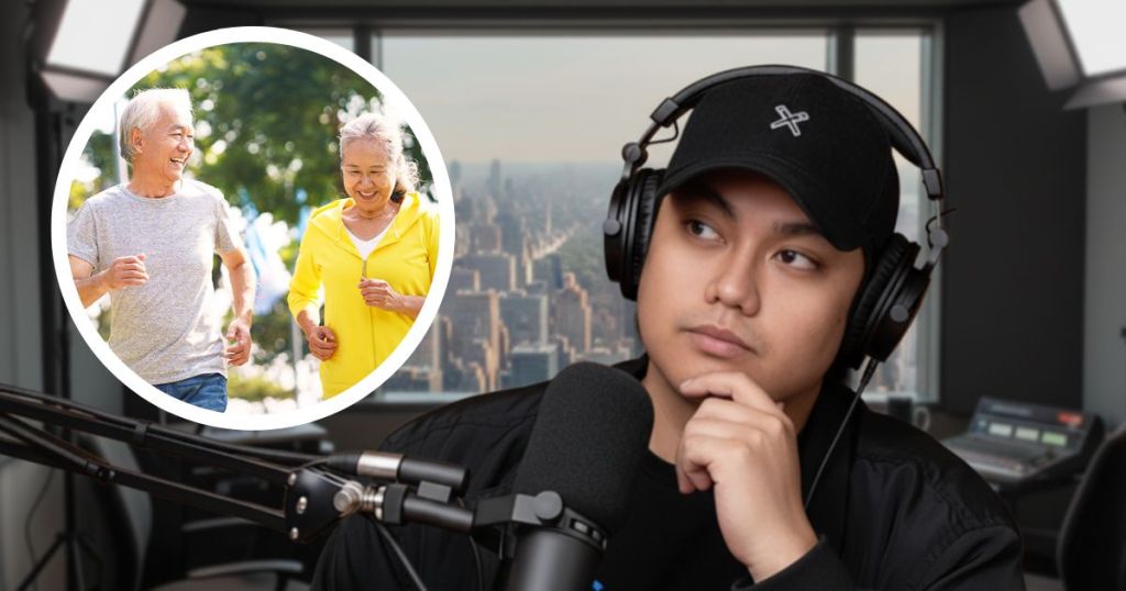 A thoughtful young person with headphones in a recording studio, contemplating ideas of the silver economy, with an inset image of active older adults enjoying a run outdoors.