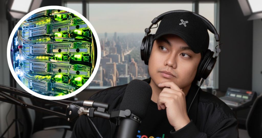 A person wearing headphones and a cap sits in front of a microphone, thinking, with a blurred cityscape visible through a window behind them. An inset shows a close-up of network switches with green lights, symbolizing a modern data center.