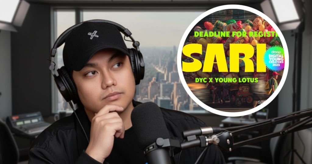 A person wearing a black cap and headphones, looking contemplative in a studio setting, with a graphic overlay promoting the SARI-SARI Digital Young Creators 2025 event.