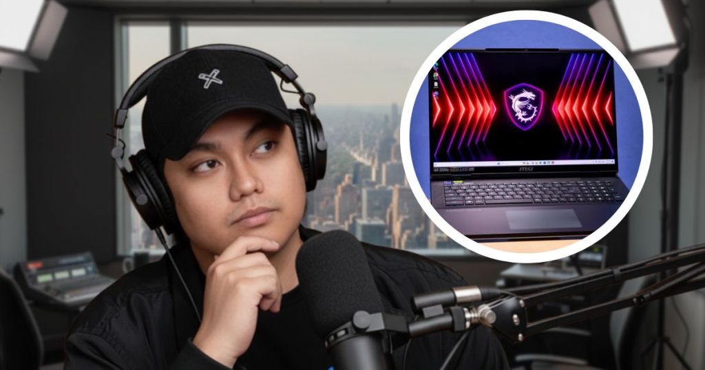 A person wearing headphones and a cap, sitting in a studio with a laptop displaying an MSI logo on the screen.