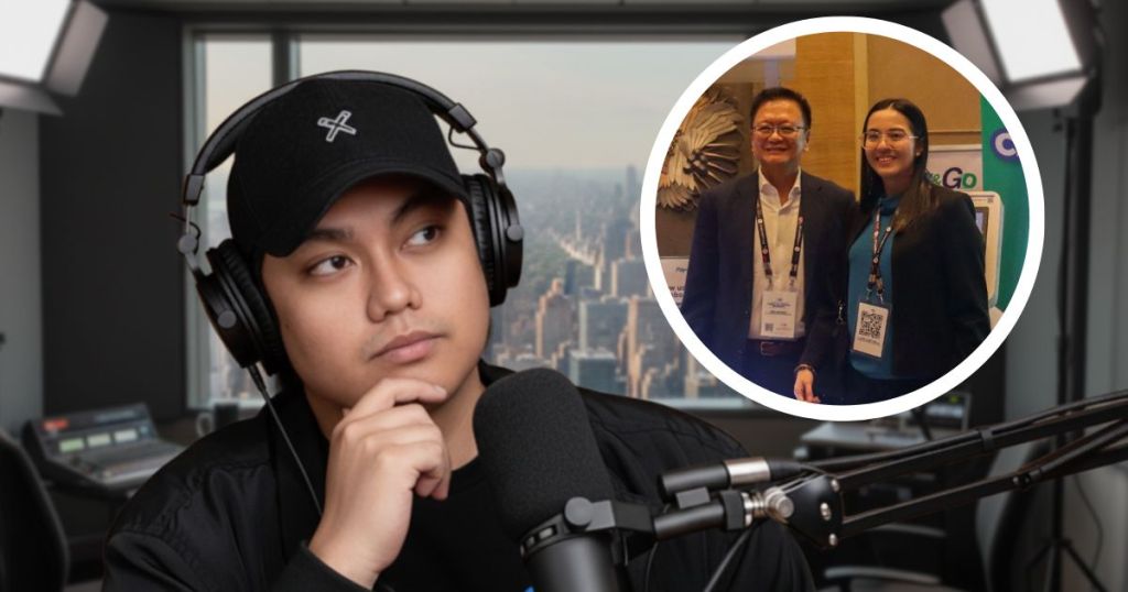 A person wearing headphones and a cap appears in the foreground, contemplating, while in the background, a city skyline can be seen. An inset shows two individuals posing together, likely attendees of the Manila Tech Summit 2025, both smiling and dressed in professional attire.