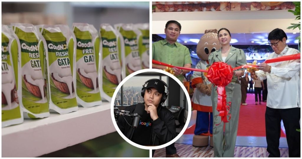 Bottles of GoodNom Fresh Gata coconut milk on display at Cocolinarya Turismo 2025 event, featuring a ceremonial ribbon-cutting led by various key figures.