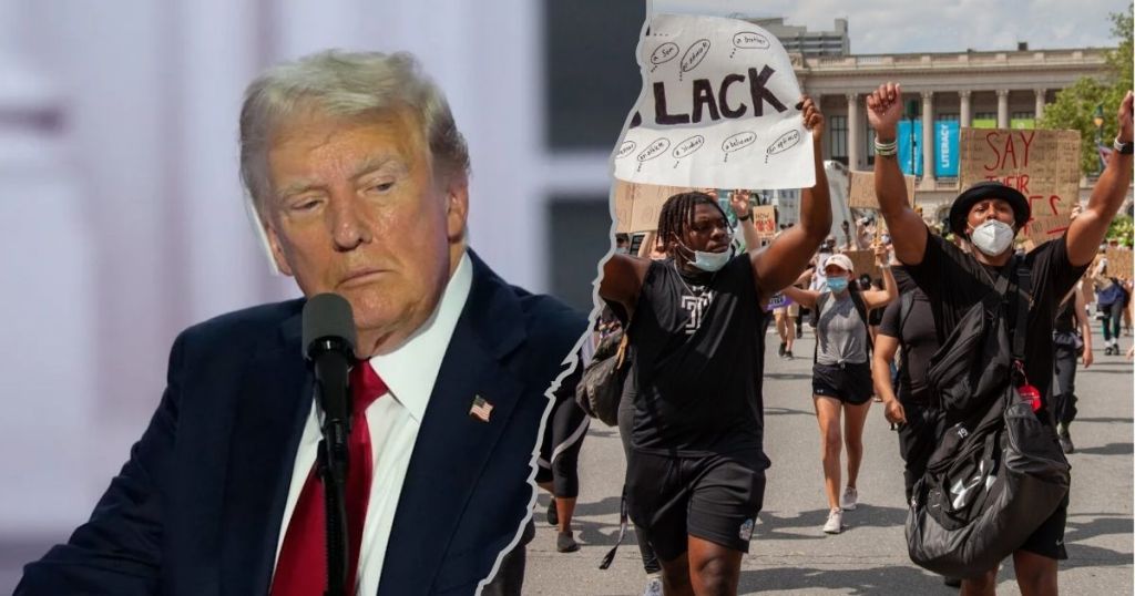 A split image featuring Donald Trump on the left and a group of protesters on the right holding signs calling for justice and equity.