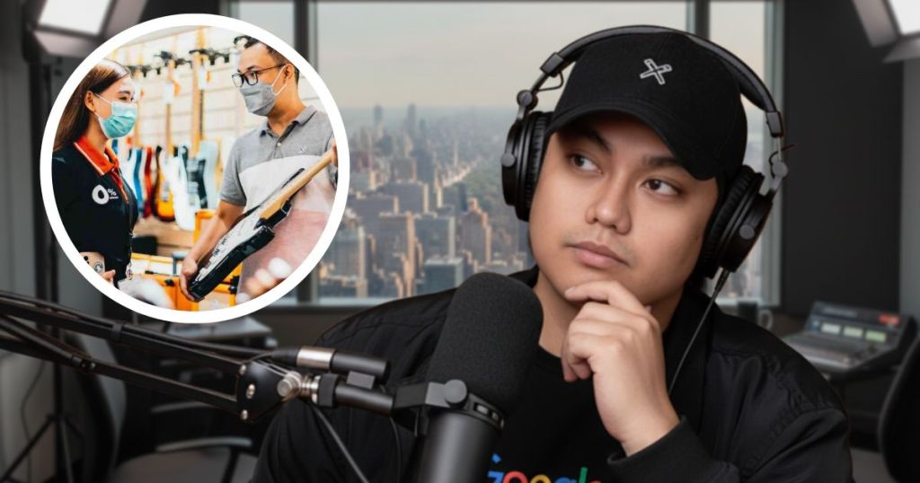 A person wearing headphones thoughtfully contemplating in a studio setting, with a circular inset showing a retail interaction between two masked individuals discussing a guitar.