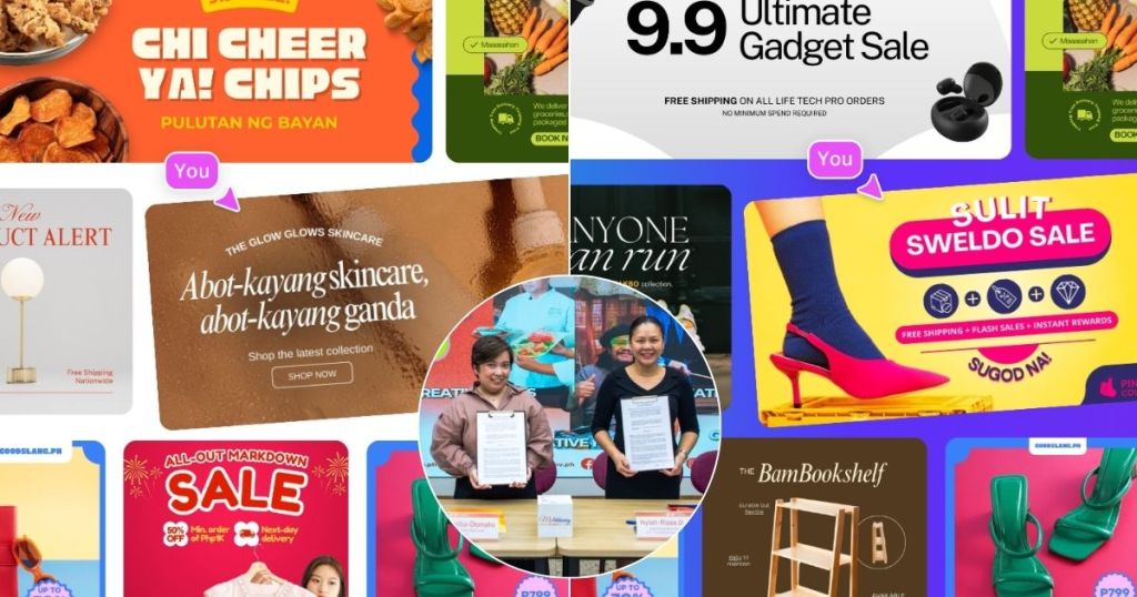 A collage of promotional graphics and templates for various online sales and events, highlighting offers like '9.9 Ultimate Gadget Sale' and 'All-Out Markdown Sale,' along with product features from brands like Glow Glows Skincare and Chi Cheer Ya! Chips.