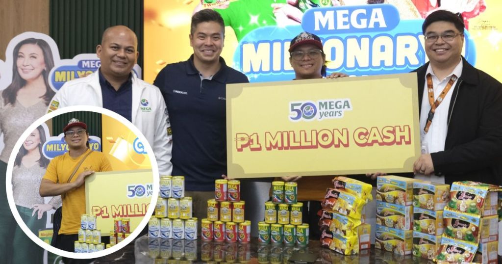A group of individuals celebrates the Mega Milyonaryo promo, showcasing a large banner announcing a ₱1 million cash prize. In the foreground, products from Mega Prime Foods, Inc. are displayed on a table.