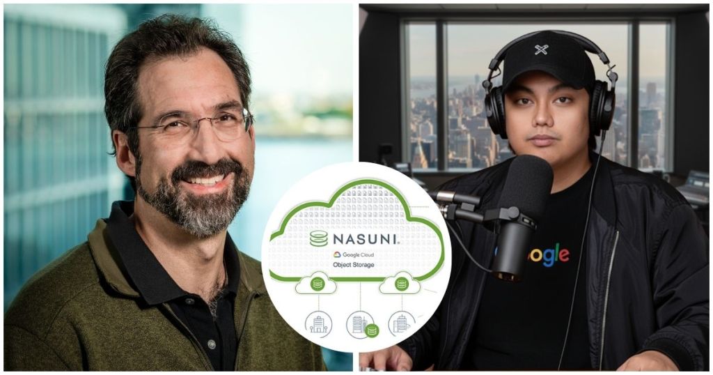 A portrait of a man with a beard and glasses smiling in a modern office setting, next to a young man wearing headphones and a black jacket, speaking into a microphone in a studio with a cityscape in the background. Both are associated with Nasuni, featuring the company's logo alongside a graphic of Google Cloud Object Storage.
