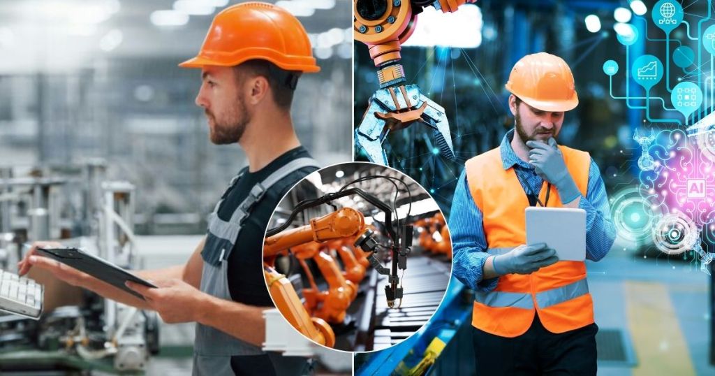 A worker in a safety helmet observing data on a tablet in a modern manufacturing facility, with robotic arms in action and digital interfaces overlaying the image, illustrating the integration of technology in manufacturing operations.