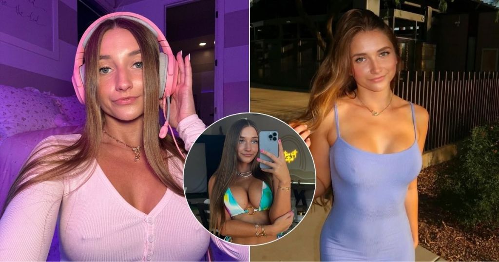 A young woman with long brown hair wearing a pink headset in a softly-lit room, posing confidently for the camera. An inset image shows her in a bikini and another with a blue dress, highlighting her vibrant personality.