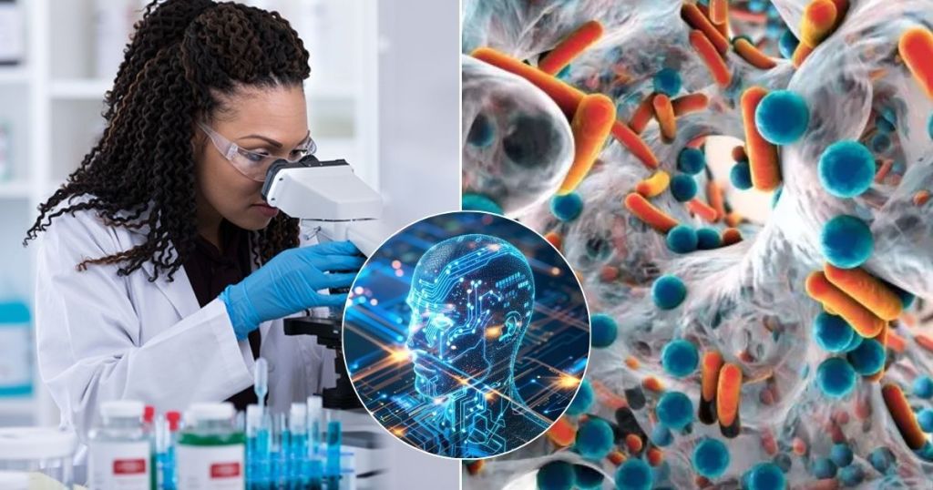 A scientist examining samples through a microscope in a laboratory setting, with a visualization of AI technology and colorful microorganisms in the background.