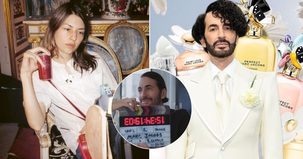 A split image featuring Sofia Coppola casually seated with a drink, with an inset of Marc Jacobs holding a film clapperboard, against a backdrop of Marc Jacobs perfume bottles.