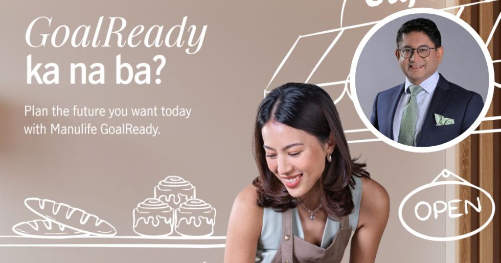Image featuring a woman smiling while working in a café, with pastries on the table, alongside a graphic text asking 'GoalReady ka na ba?' promoting Manulife GoalReady.