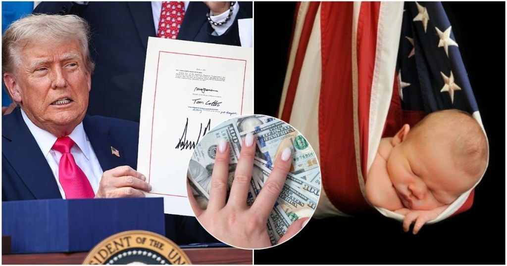 A collage featuring Donald Trump holding a signed document, a hand with cash, and a sleeping baby in a fabric resembling the American flag.