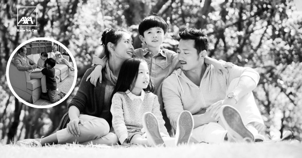 A black and white image of a happy family sitting outdoors, smiling and enjoying each other's company. Inset shows a family discussion in a living room setting.