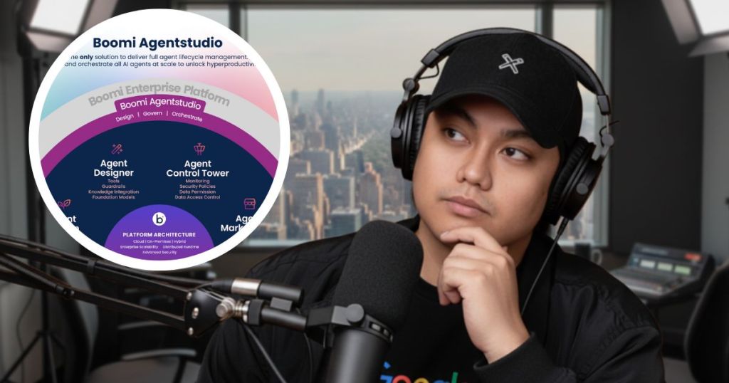 A thoughtful individual wearing a black cap and headphones sits in front of a microphone, with a blurred cityscape in the background. An overlay highlights the Boomi Agentstudio, part of the Boomi Enterprise Platform, illustrating its features such as Agent Designer and Agent Control Tower.