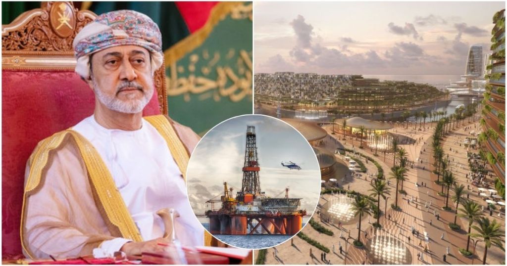 A collage featuring the Sultan of Oman in traditional attire, an oil rig, and a modern coastal development design with palm trees and people in an urban setting.