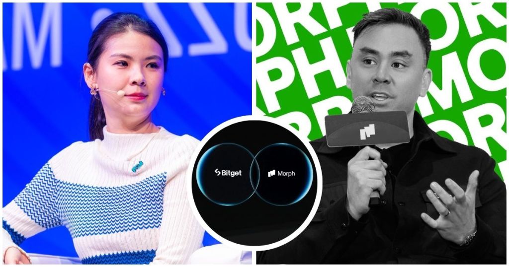 A split image featuring two speakers discussing crypto developments, with 'Bitget' and 'Morph' logos at the center.