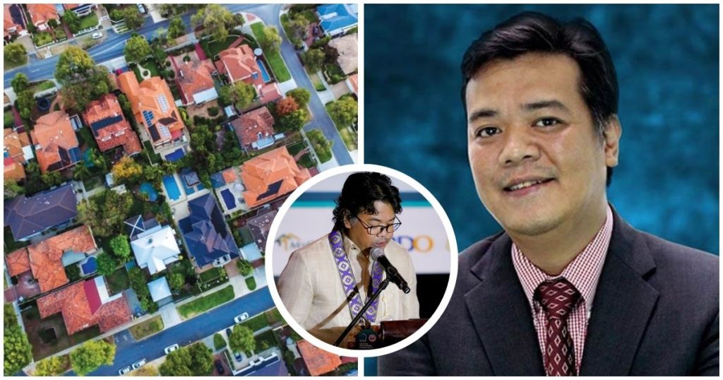 An aerial view of a residential neighborhood with various houses and green trees lining the streets, accompanied by an inset image of two men, one speaking at a podium and the other in a suit, smiling.