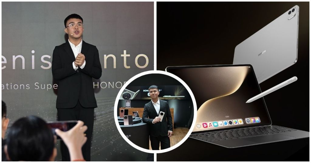A speaker in a suit presenting the HONOR MagicPad 3 at an event, with the tablet and accessories displayed in the background.