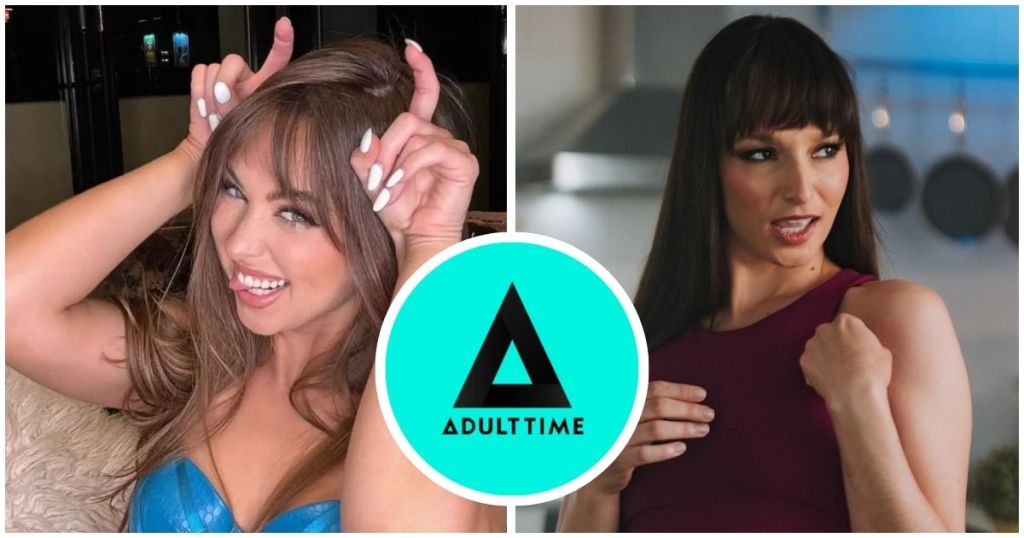 A split image featuring two female individuals with varying hairstyles and expressions, showcasing playful poses and confidence, with the Adult Time logo prominently displayed at the center.