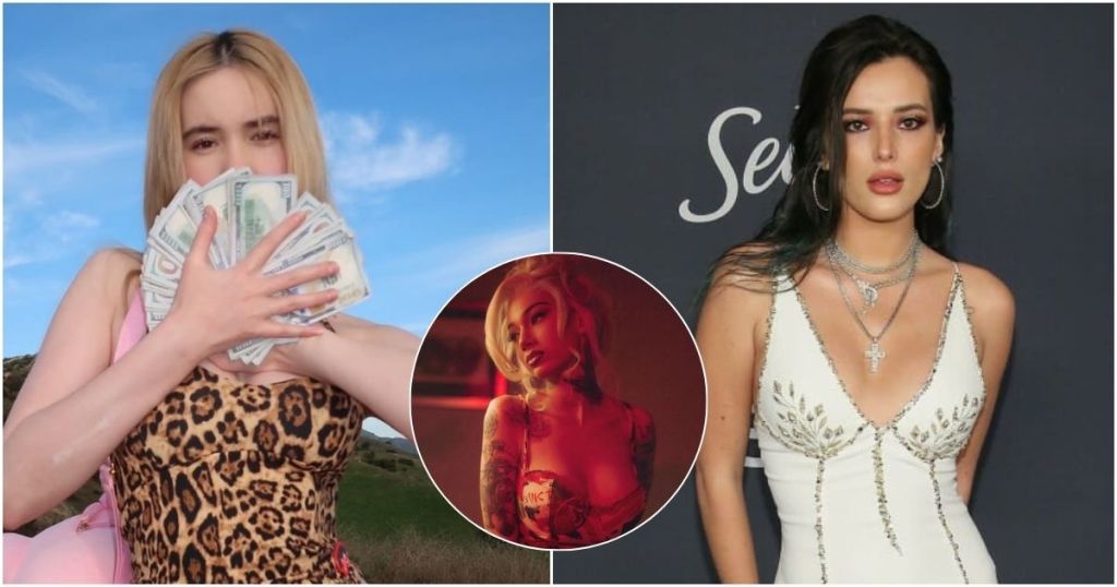 A split image featuring a young woman in a leopard print outfit holding stacks of cash outdoors, alongside a circular inset of another woman with colorful hair and tattoos in a dramatic pose, showcasing an intersection of wealth and celebrity culture.