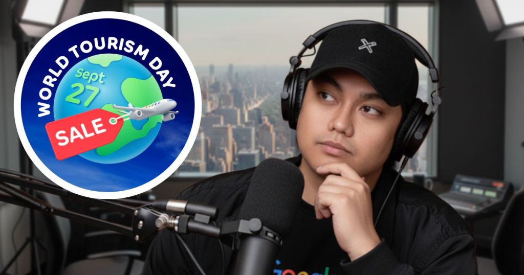 A person wearing headphones and a black cap is sitting in front of a microphone in a modern studio, contemplating. In the foreground, there is a circular promotional graphic for World Tourism Day featuring a globe and an airplane, announcing a sale on September 27.