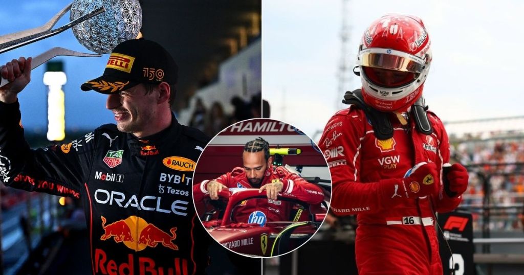 A driver from Red Bull Racing celebrates with a trophy, flanked by Lewis Hamilton adjusting his car in the background and a Ferrari driver in racing gear walking confidently.