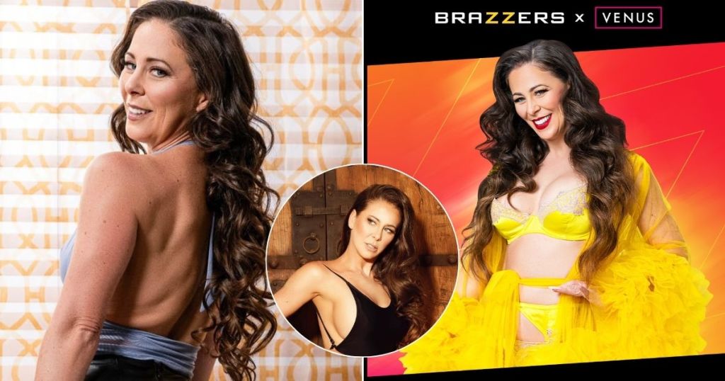 A promotional image featuring Cherie DeVille with two poses: one with long, flowing hair looking over her shoulder and another in a bright yellow outfit, promoting her appearance at the 2025 VENUS Berlin Expo, alongside the Brazzers logo.