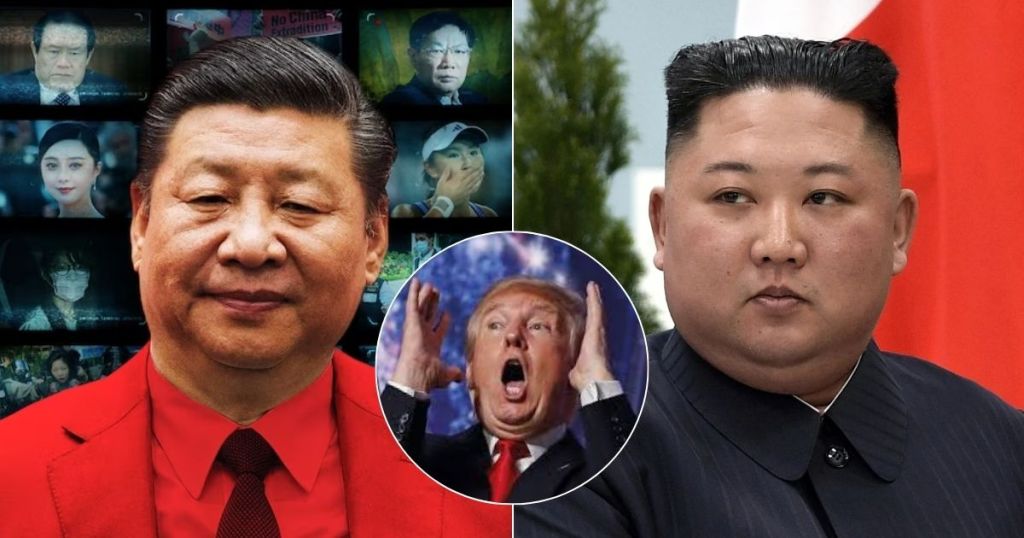 A composite image featuring Xi Jinping and Kim Jong Un in the foreground, with an inset of Donald Trump expressing frustration. The background shows various images that suggest media scrutiny.