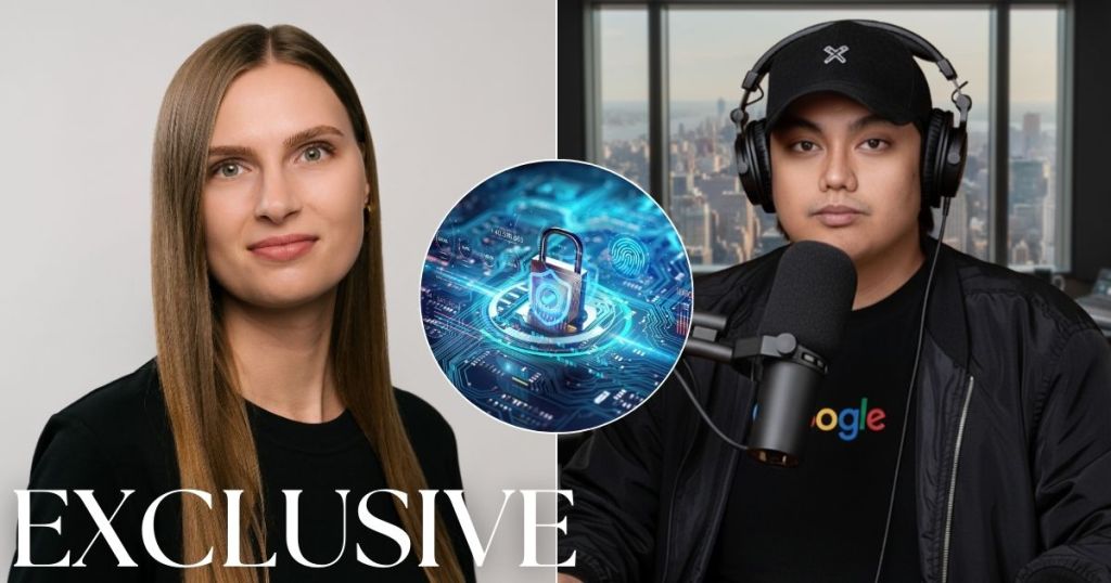 A split image featuring a portrait of a woman with long hair and a male podcaster wearing headphones in a city backdrop, with a graphic of a digital lock representing cybersecurity.