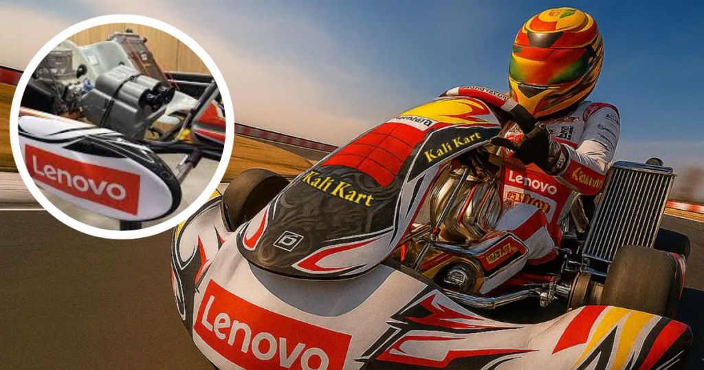 A racer driving a colorful kart with Lenovo branding on track, with an inset image of the kart's engine.