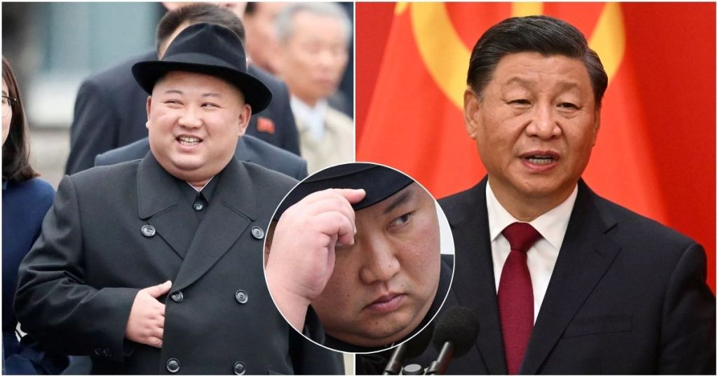 Kim Jong Un smiling and dressed in a black coat and hat, walking alongside a group of people, while a separate image of Xi Jinping in a suit speaking at a podium is also visible.