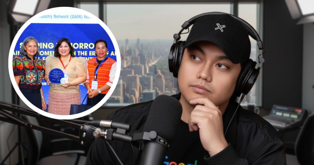 A young man wearing headphones and a black cap is sitting in a studio, looking thoughtfully. In the background, there is a blurred city skyline. An inset circular image shows three women posing together at an event, holding an award, with a banner that says 'Shaping Tomorrow.'