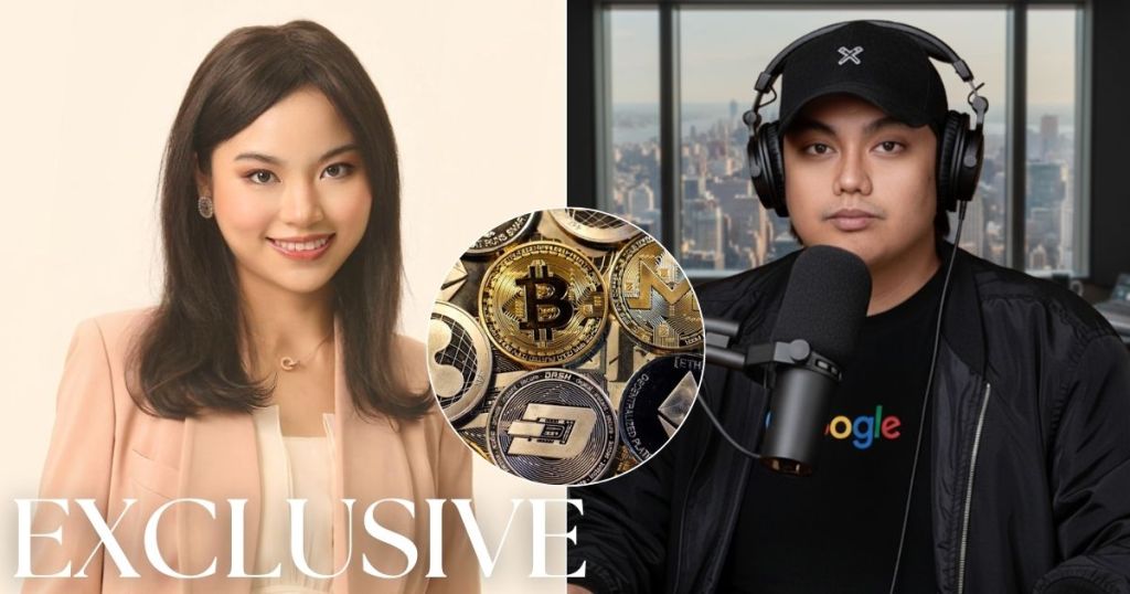 A split image featuring two individuals discussing cryptocurrency. On the left, a woman with long dark hair, wearing a cream blouse and smiling, is featured next to the word 'EXCLUSIVE.' On the right, a man with short dark hair, wearing a black jacket and headphones, sits at a microphone, surrounded by a backdrop of a city skyline. In the center, a circular graphic displays various cryptocurrency coins including Bitcoin.