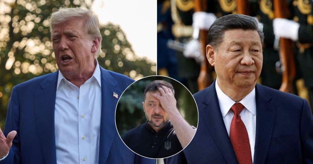 A split image featuring Donald Trump speaking passionately outdoors on the left, Xi Jinping appearing serious on the right, and a smaller circular inset showing Ukrainian President Volodymyr Zelensky looking concerned.