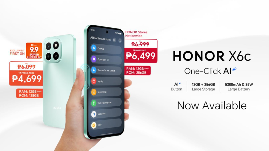 An image showcasing the HONOR X6c smartphone in a hand, highlighting its features like the One-Click AI Button, specifications, and promotional pricing. The phone is green with a sleek design and the display shows various AI assistant features.
